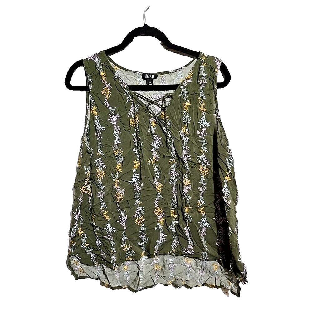 A New Approach Green Floral V-Neck Lace Up‎ Sleeveless Tank Top Womans Size 2XL